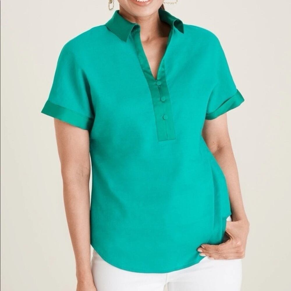 CHICO’S | Bright Green Linen Blend Satin Trim Popover Blouse | Size 2 Large
